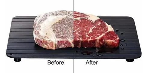 Black aluminium defrosting tray for thawing frozen meat without microwave