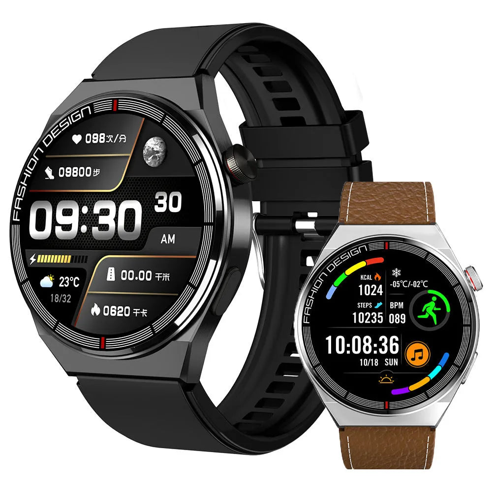 Black smartwatch with silicone strap showing heart rate and call interface on its 1.28-inch screen.