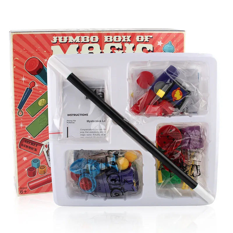 Children's magic trick set with plastic props in purple or red colours for ages 3-7