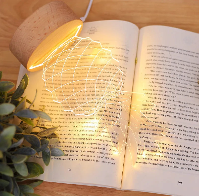 Wood and acrylic cartoon pineapple USB bedside lamp with dimming switch on a table.