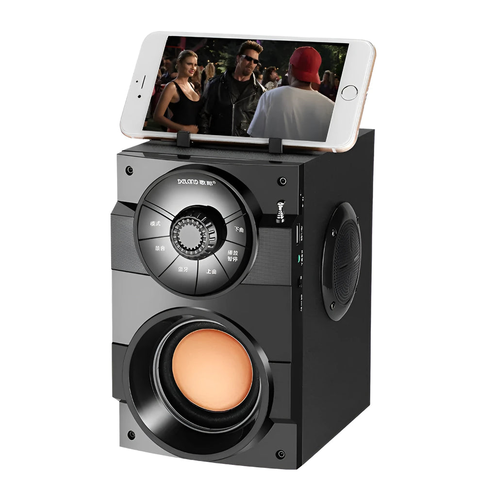 Black portable mini 2.1 channel home audio system with subwoofer, cable, and USB power