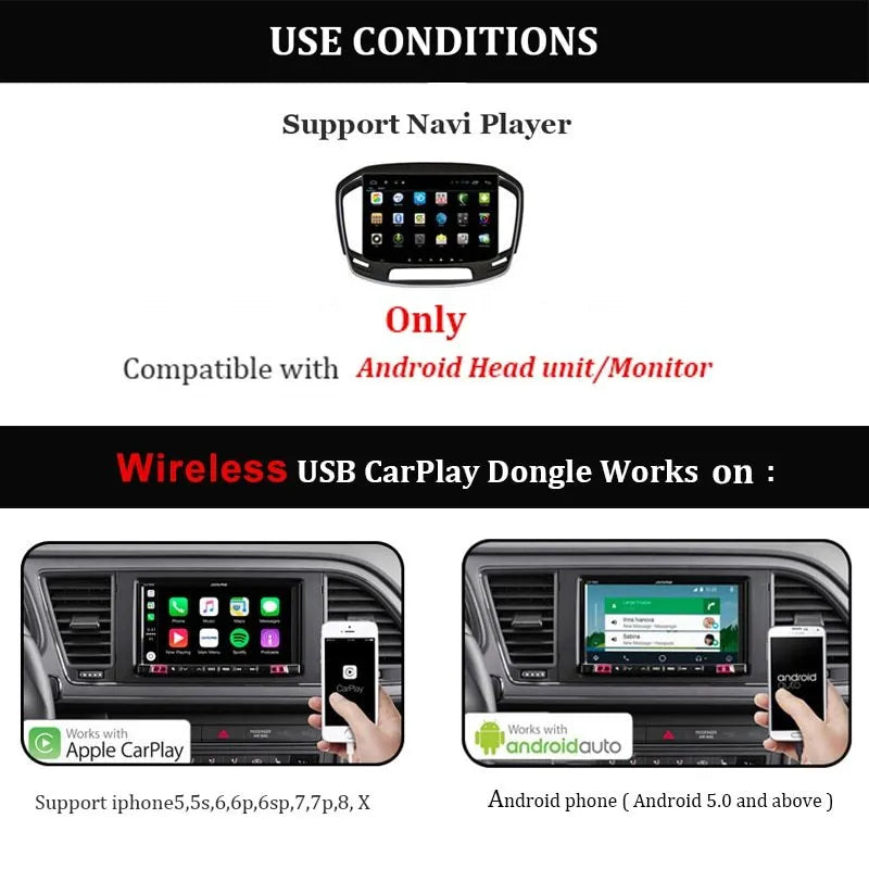 Black wireless CarPlay USB dongle adapter for iPhone and Android car stereo connectivity