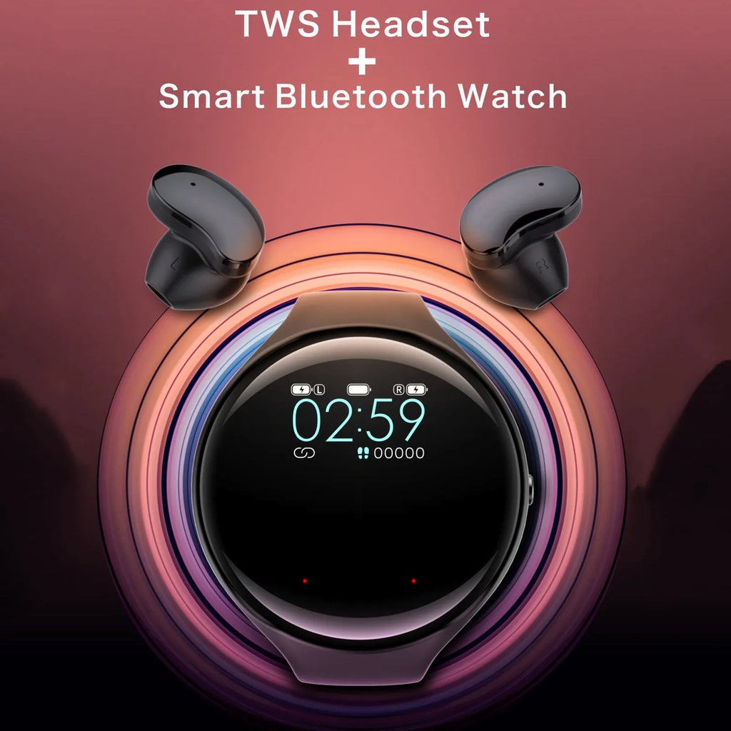 Black Bluetooth headset detached from a smart bracelet with a colour screen, showing a heart rate graph.