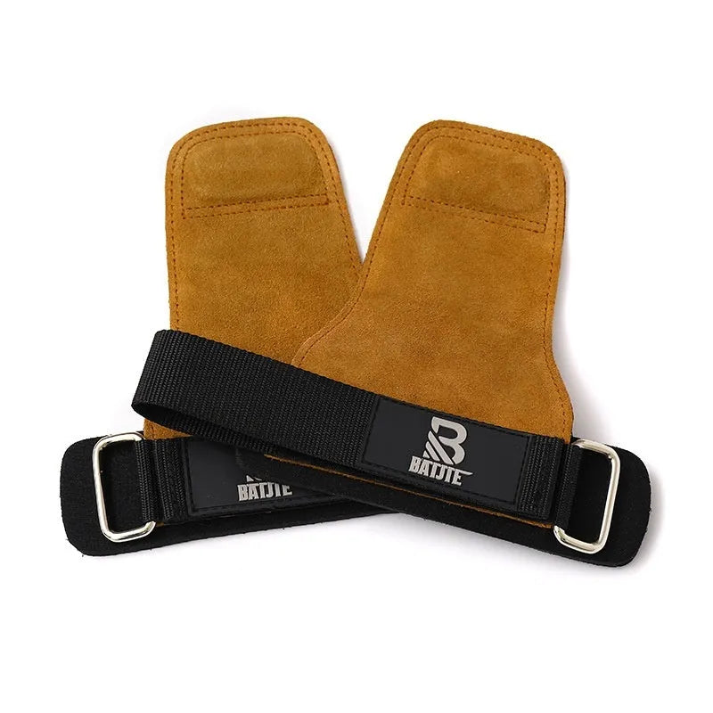 Pair of brown fitness wrist protectors showing silicone grip dots on the palm side.