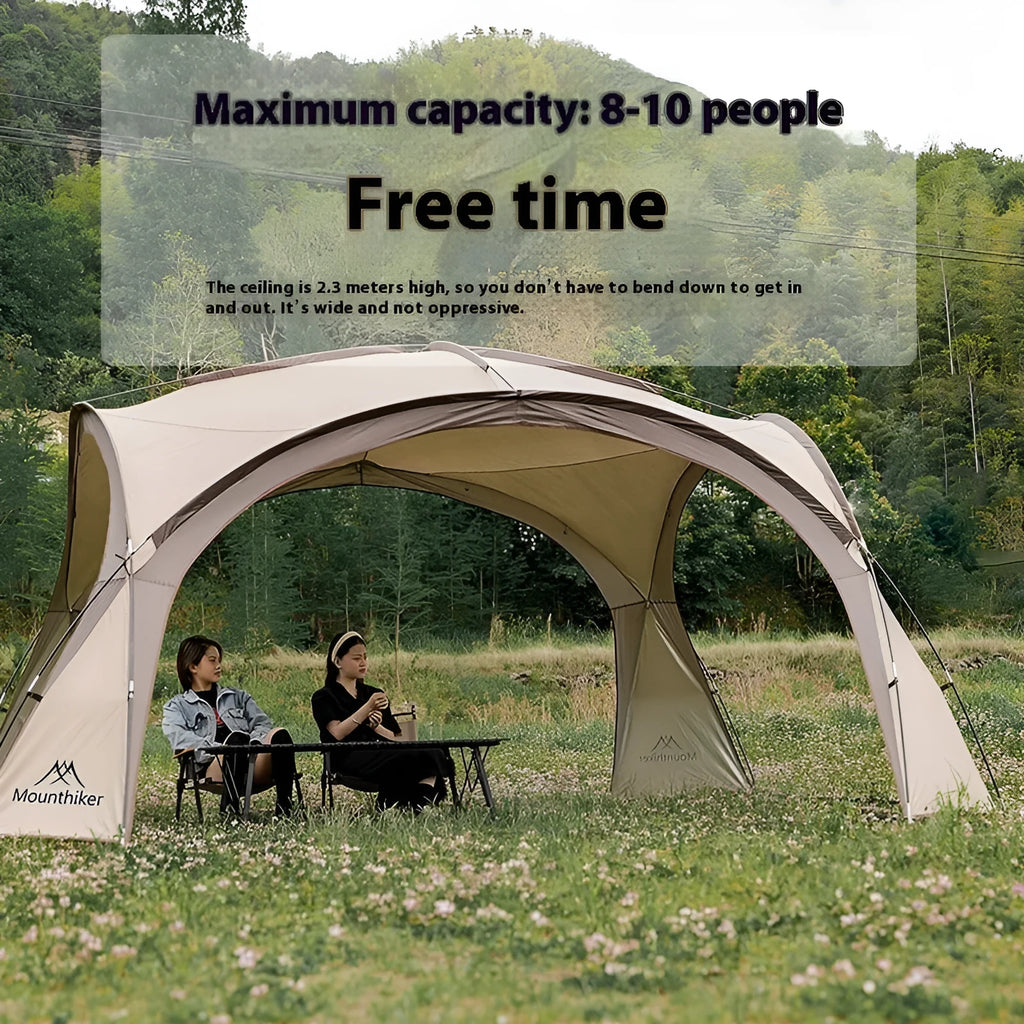 Outdoor dome canopy sunshade with ventilation, dimensions 410 cm by 230 cm, suitable for campsite use.