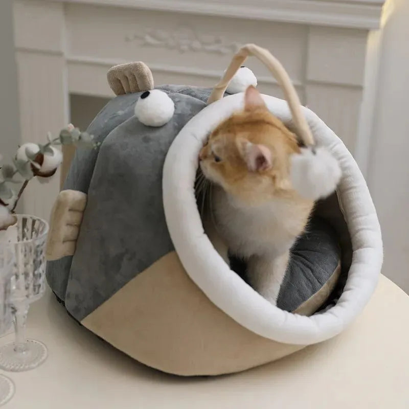 Grey semi-closed cat house with deerskin velvet fabric shown in small, medium, and large sizes.