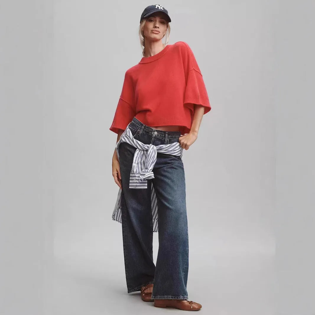 Red hot girl style cropped viscose t-shirt with exposed navel design on a mannequin