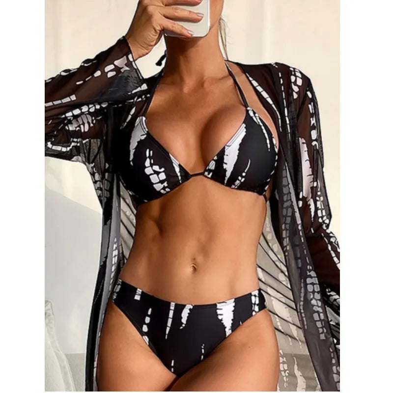 Women's striped bikini three-piece set with mesh long-sleeve coat in black, white, blue, or red colours