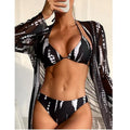 Women's striped bikini three-piece set with mesh long-sleeve coat in black, white, blue, or red colours