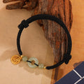 Silver geometric bracelet with Hetian Jade peace buckle and blessing card strap in black or wine red