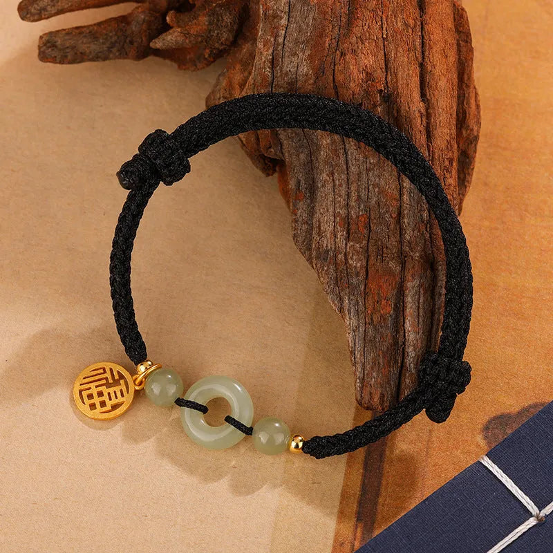 Silver geometric bracelet with Hetian Jade peace buckle and blessing card strap in black or wine red