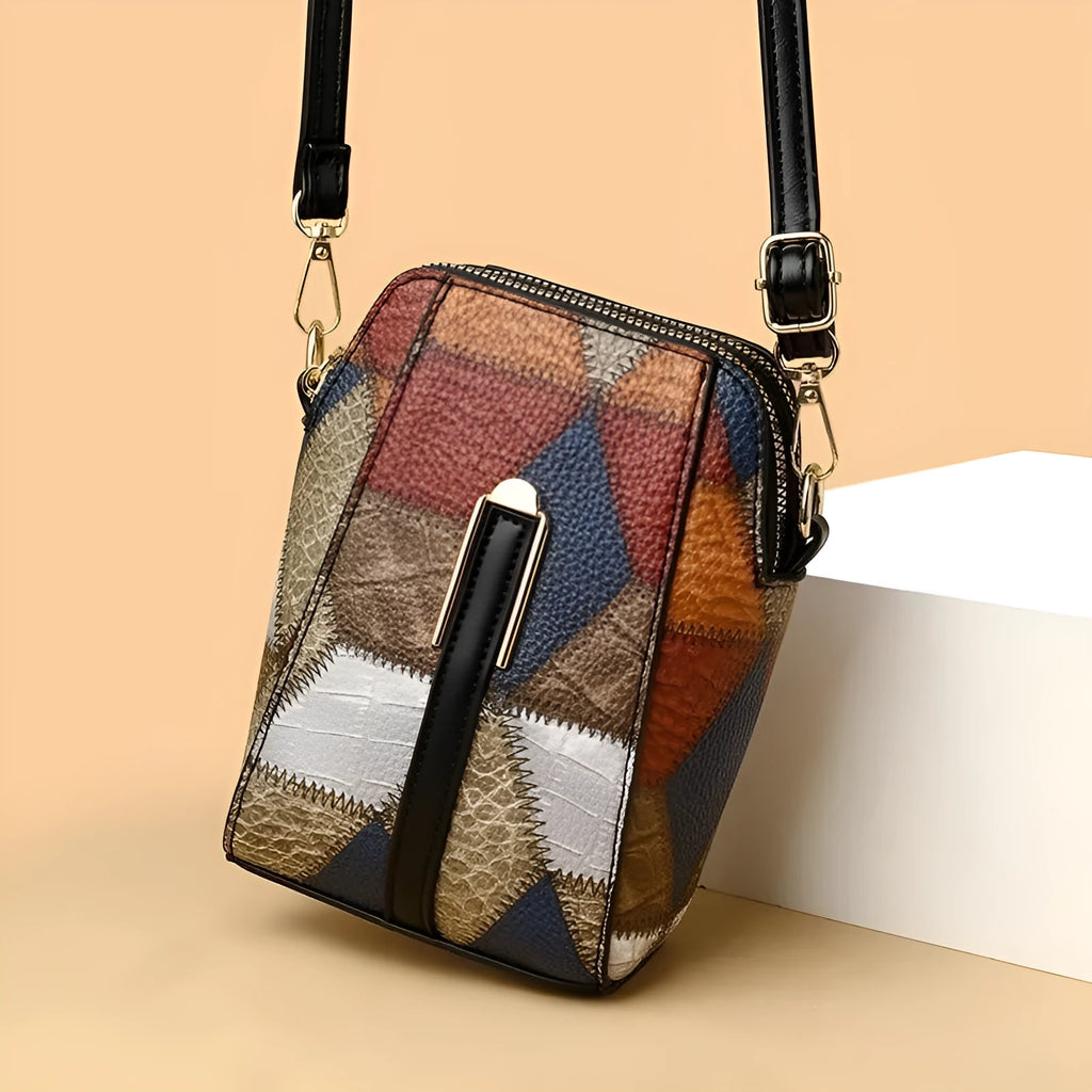 Fashion soft PU shoulder bag with visible stitching detail in irregular blue and brown colour