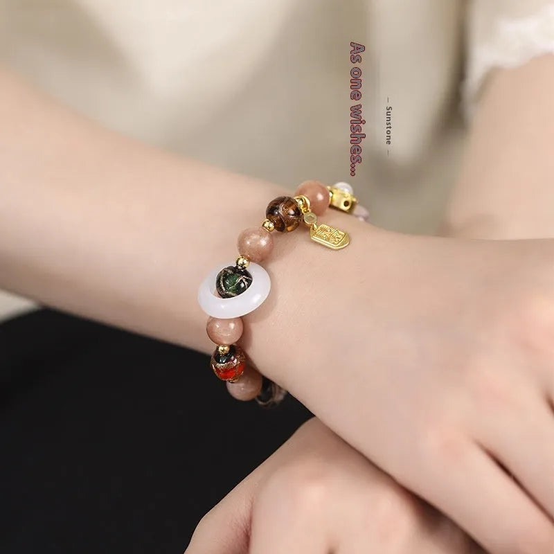 Hand-woven women's bracelet with coloured glaze sunstone beads and fragrant grey finish