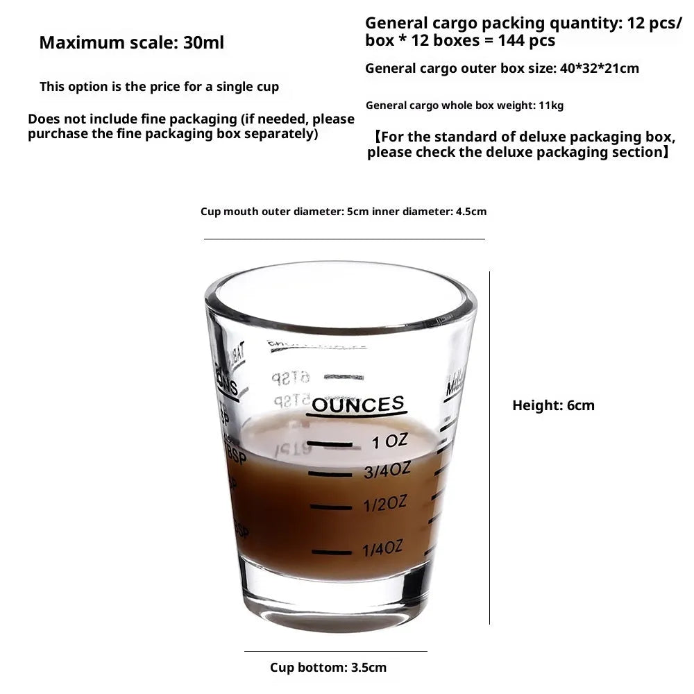 Mini retro glass measuring cup with scale showing 30ml capacity in solid colour