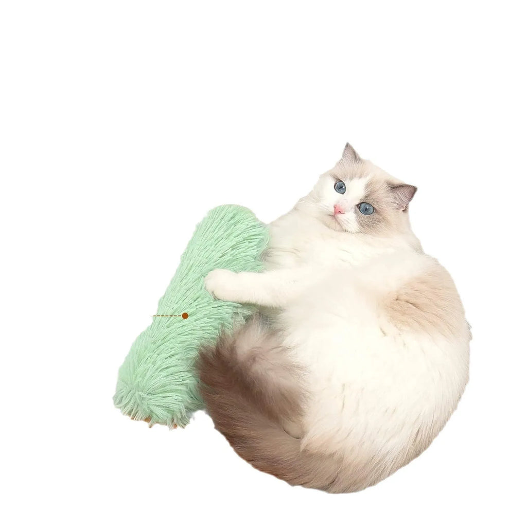Plush cat toy pillow in green, white, blue, and pink colours measuring 27 by 10 centimetres