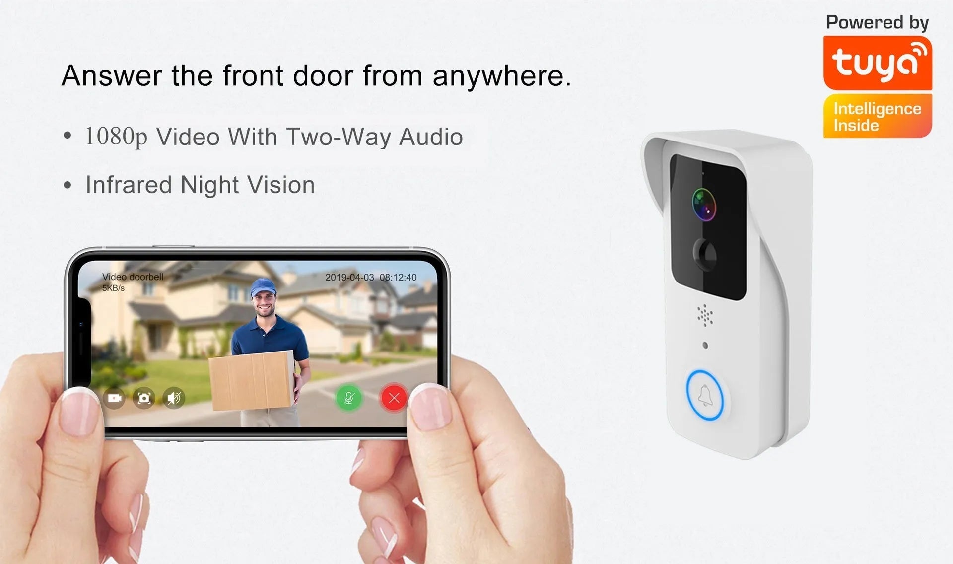 Black and white smart waterproof visual doorbell with HD camera for remote app intercom.
