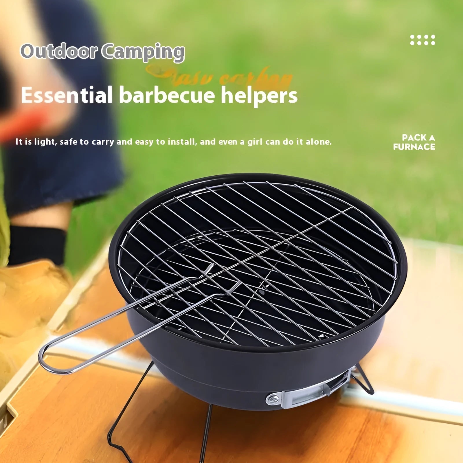 Small folding round metal ice stove with grill mesh and legs set up for outdoor barbecuing.