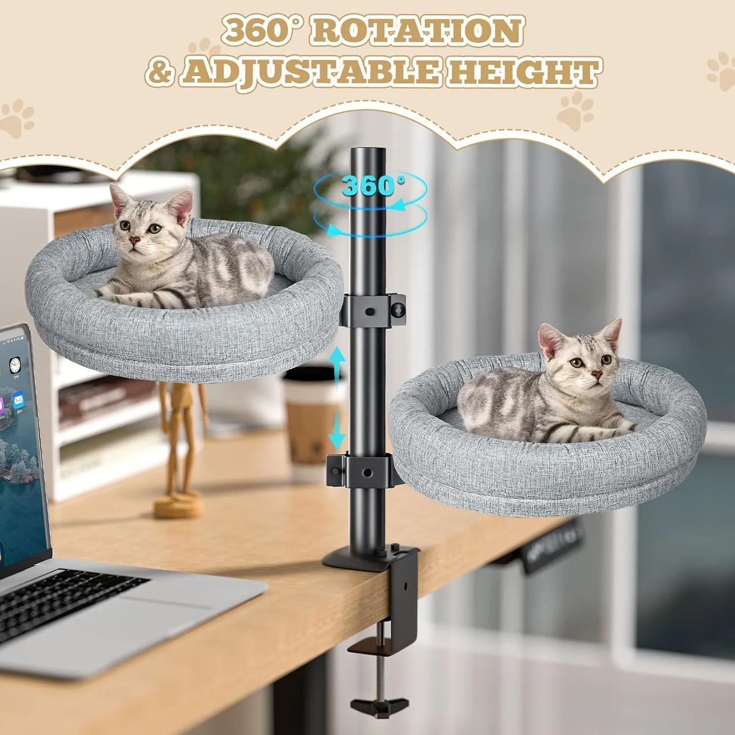 Round grey cloth cat nest with rotating base and adjustable height on a floor