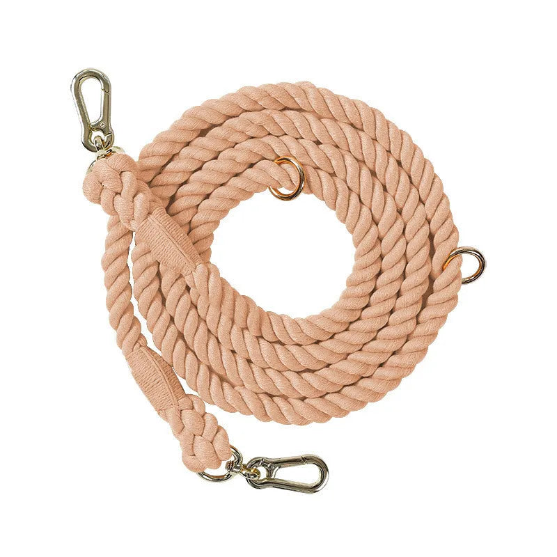 Woven rainbow coloured dog leash with clips at both ends, shown in a choice of colours with silver or gold fittings.