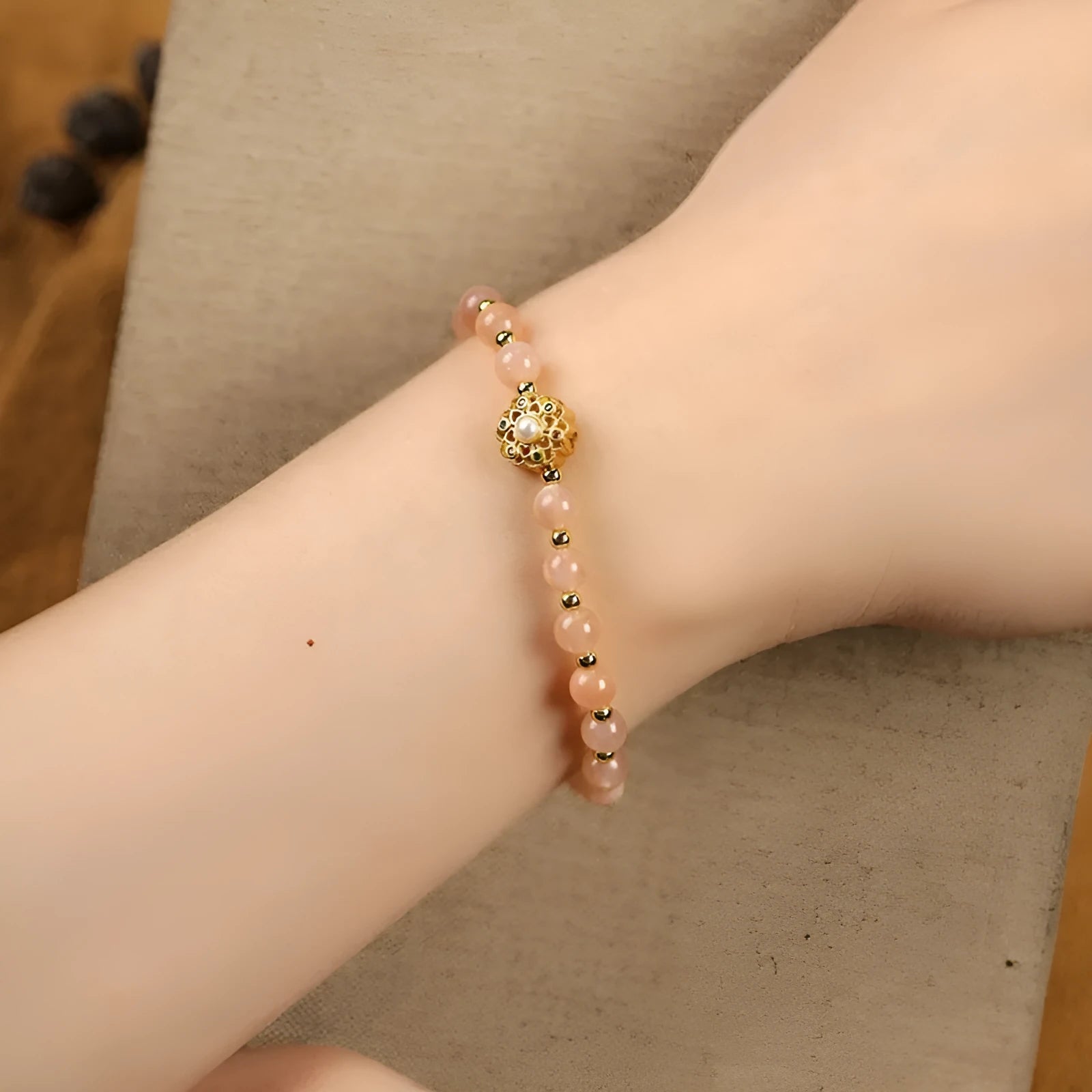 Hand-woven crystal bracelet with gray moonstone, sunstone and strawberry quartz 6mm beads