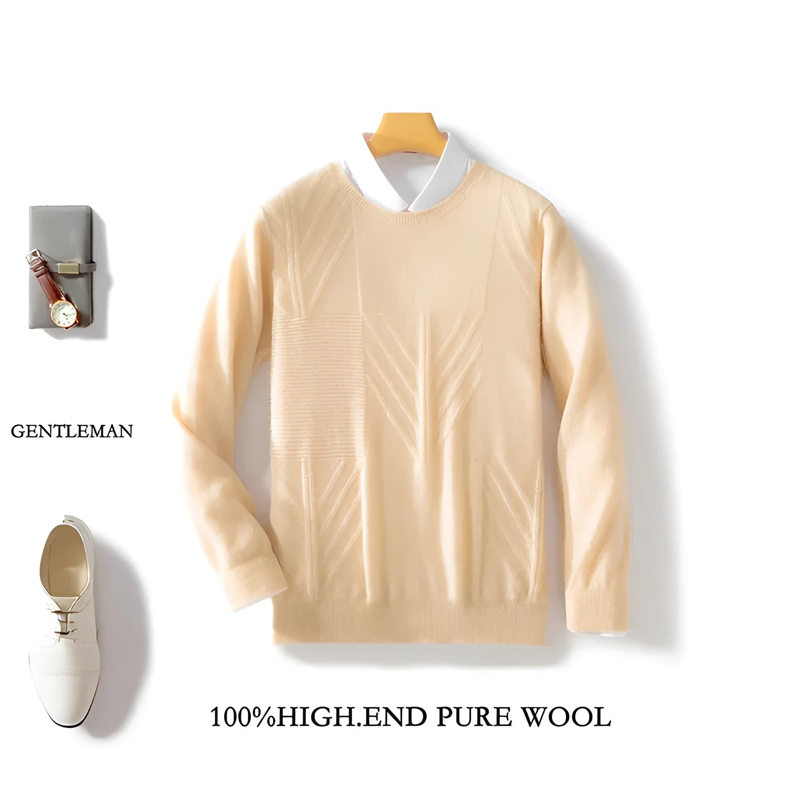 Men's round neck solid colour jacquard sweater in loose fit, long sleeves, seven colours, S-XXXL