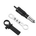 Black metal electric drill rivet gun attachment with alloy steel head, shown with handle, wrench, and four rivet heads.
