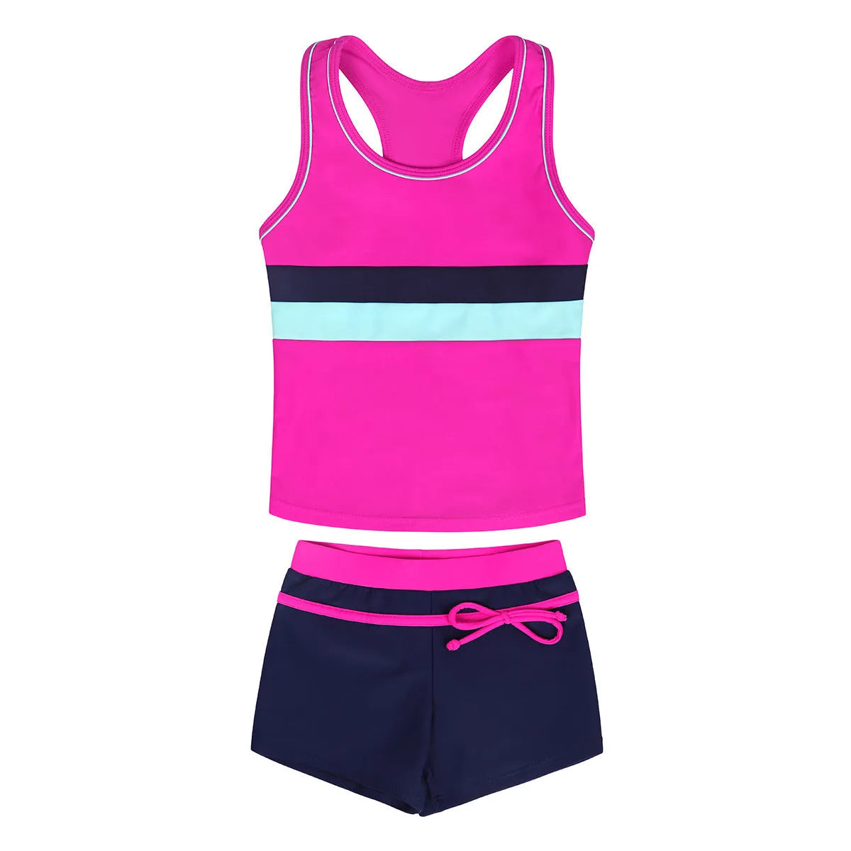Girls' blue two-piece swimsuit set with chest pad top and boxer shorts, laid flat