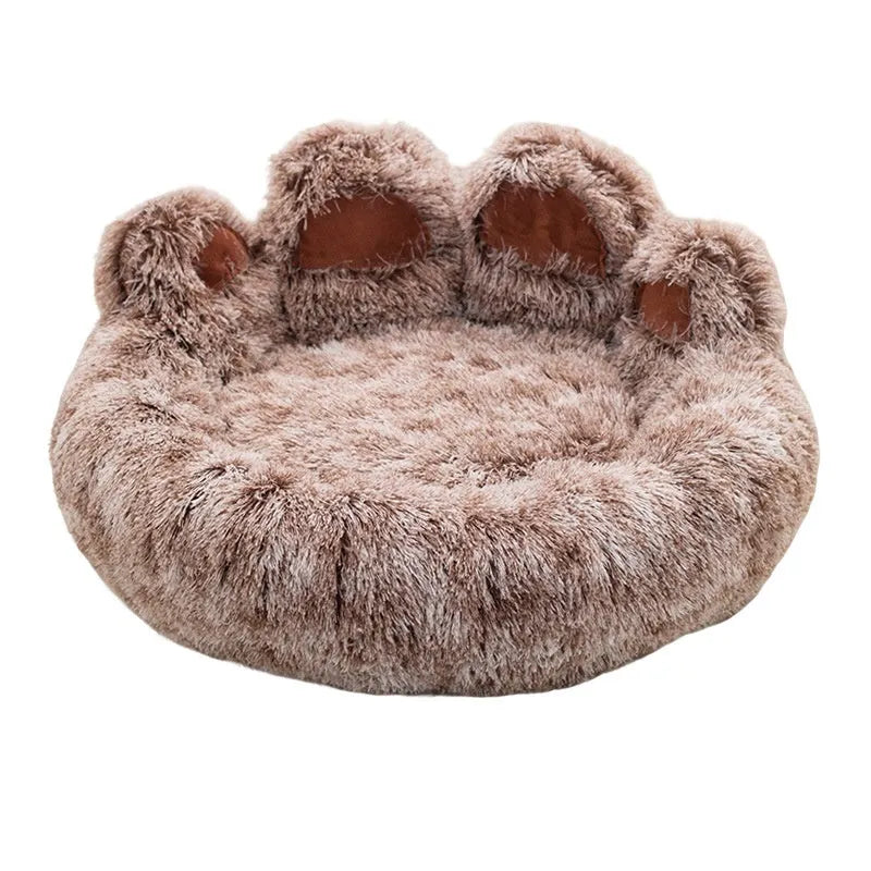 Plush thickened dog bed in double silk coffee with hand-shaped brush finish, available in 50cm to 100cm diameter sizes