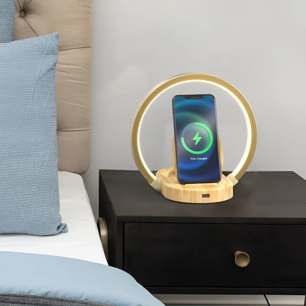 LED desk lamp with Bluetooth speaker, wireless charger, USB port, and adjustable arm in wood grain finish