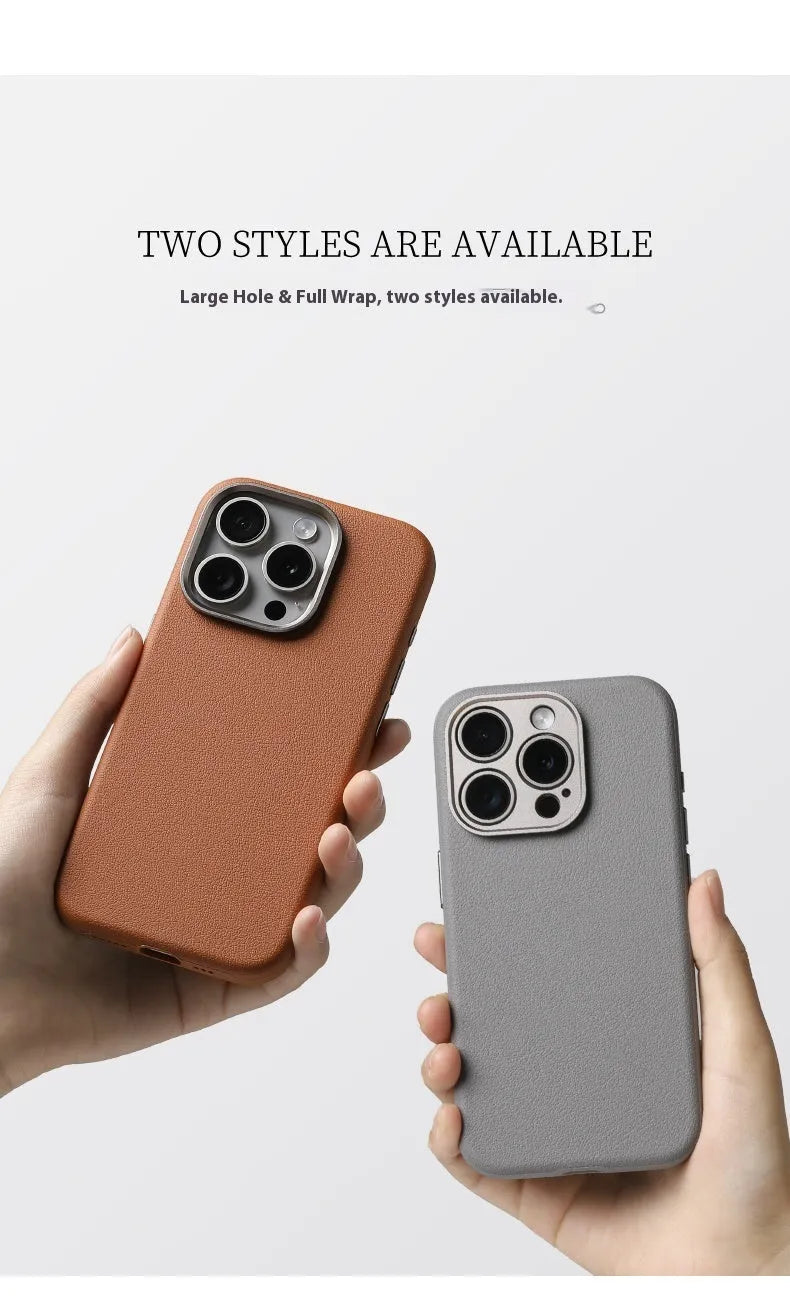 Genuine leather iPhone case with magnetic metal ring around camera lenses, shown in black.
