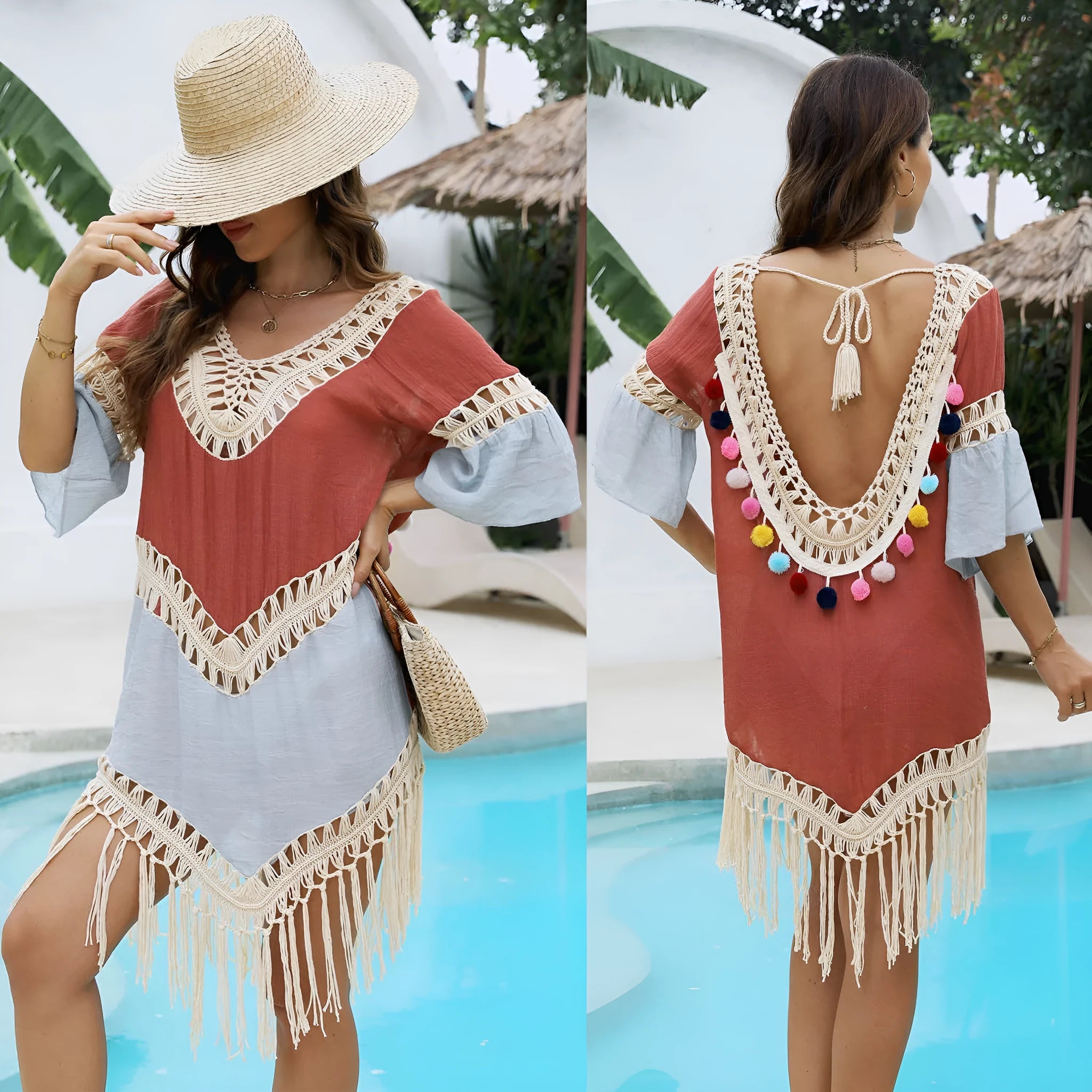 Orange floral beach overskirt with hand crochet detail and tassels, shown with a matching blouse.