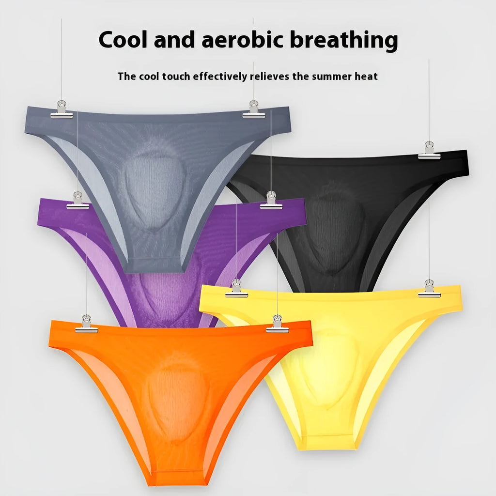 Ultra-thin ice silk low waist seamless panties in black, white, grey, blue, purple, and orange colours.