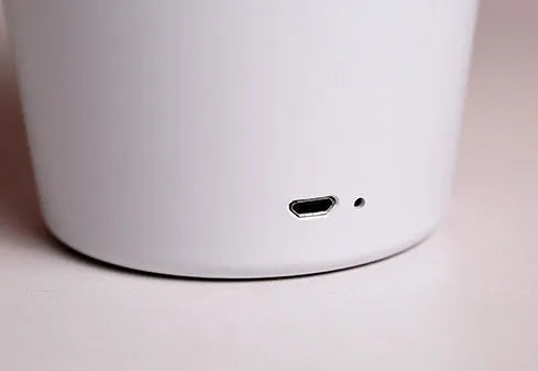 Modern rechargeable desk lamp with plant shape design in pink, showing touch control on a wooden end table