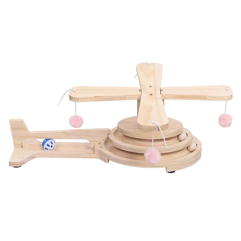 Solid wood cat scratch board toy with a rotating turntable and a ball, shown in a panda-themed design.