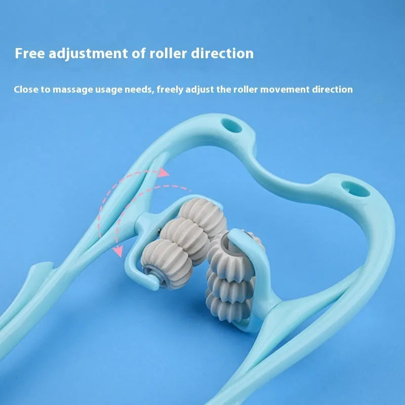 Blue handheld six-wheel electric massager with heat function for neck and shoulders