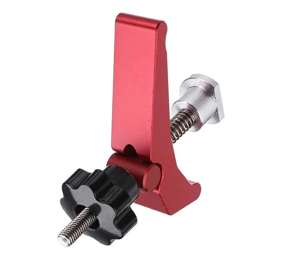 Red aluminium alloy woodworking table block slide holder with a flat mouth and handle.