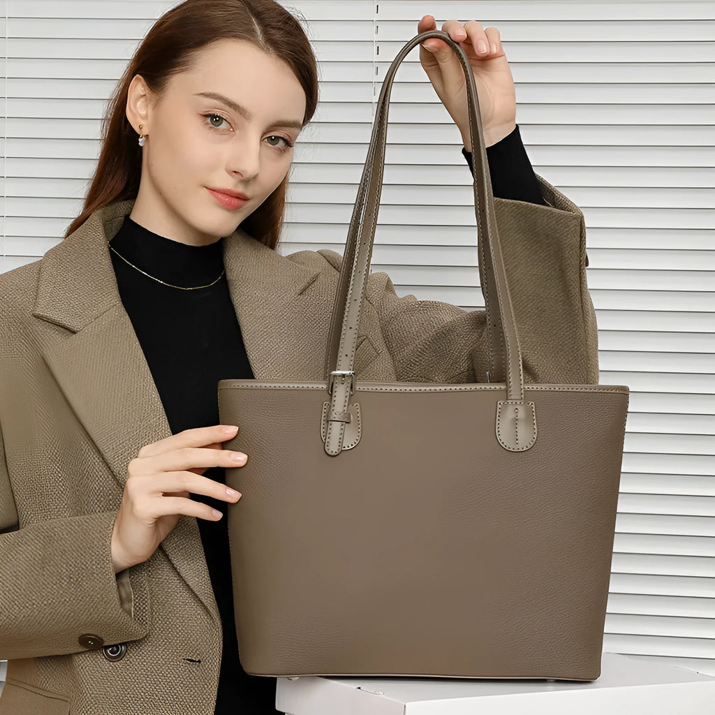 Genuine leather women's tote bag in horizontal square shape showing internal organisers and sandwich pocket