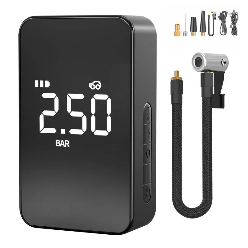 Compact wireless digital display tyre inflator pump with hose and nozzles.