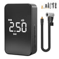 Compact wireless digital display tyre inflator pump with hose and nozzles.