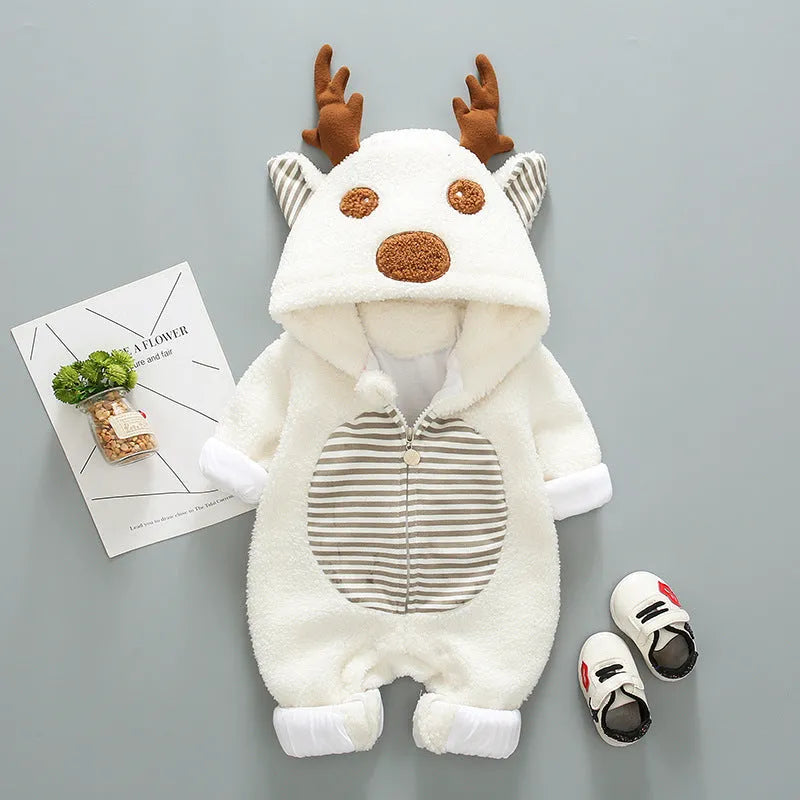 Long sleeve cotton baby romper with lace-up chest closure in khaki, pink or white.