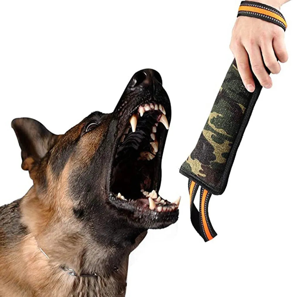 Reflective jute dog bite stick with yellow edge trim measuring 55 cm for training and play