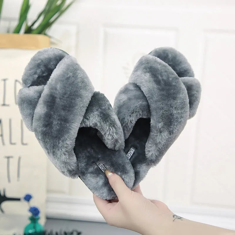 Women's cross open-toe fur slippers with patterned non-slip sole in multiple colour options