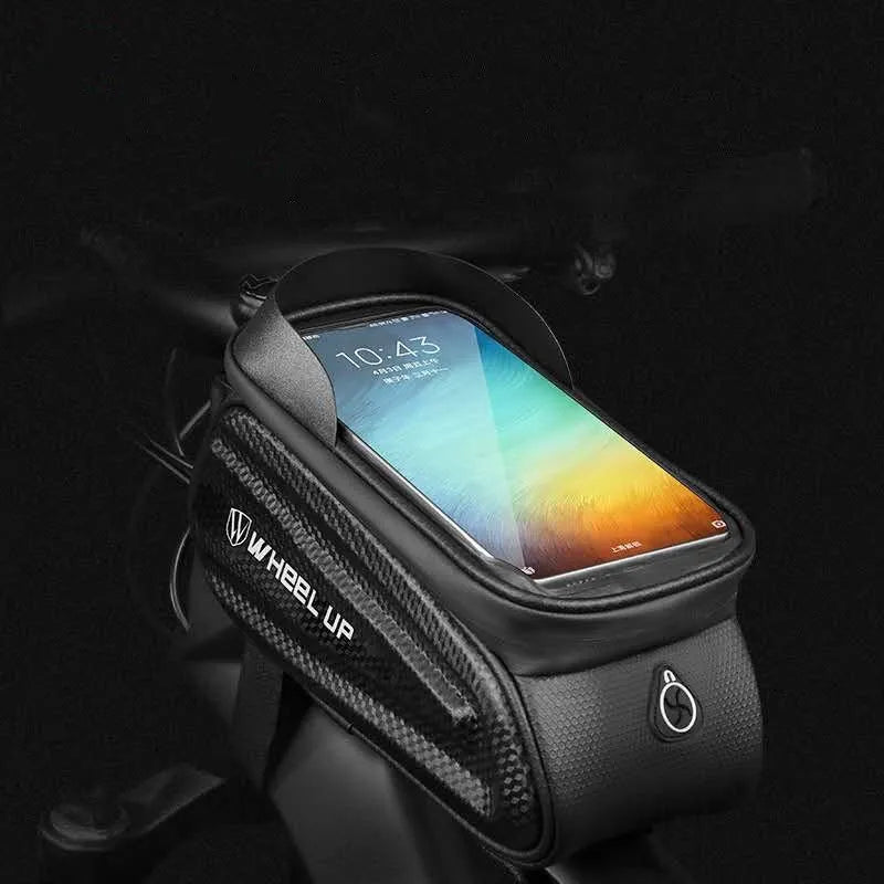 Black and grey EVA mountain bike handlebar bag with reflective strips mounted on bicycle handlebars.