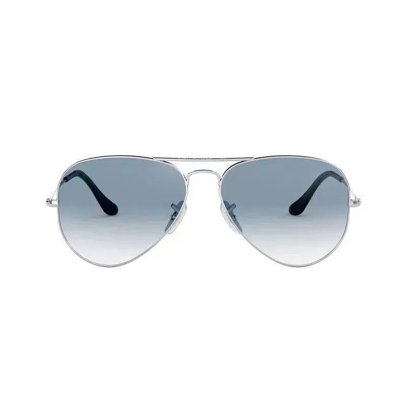 Tempered glass sunglasses with metal frame in black, gold, or silver, featuring dark green or gradient blue lenses.