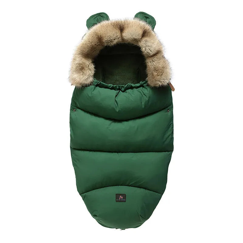 Baby warm cocoon style sleeping bag on a neutral background demonstrating solid colour design with zip closure