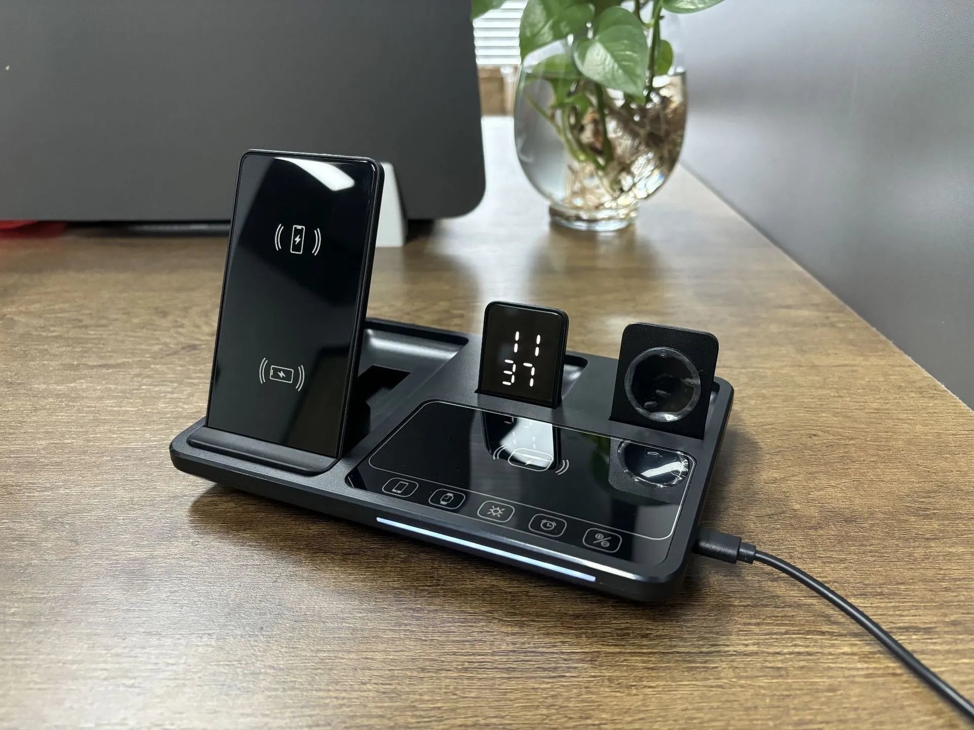Multifunctional wireless fast charging clock folding bracket for mobile phone in black plastic version