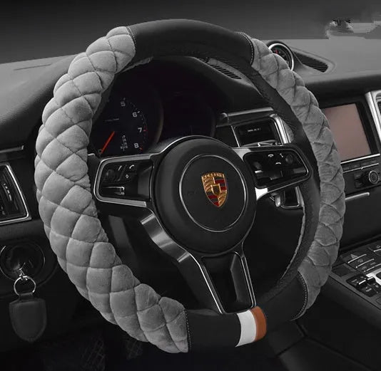 Universal 38cm plush steering wheel cover with footprint pattern, available in black, for winter warmth and non-slip grip