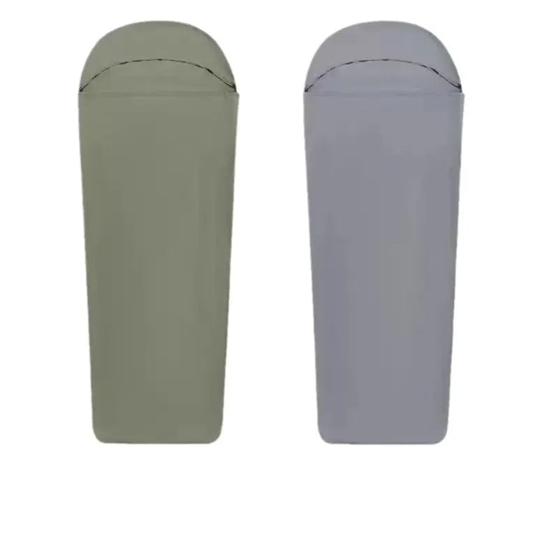 Blue mummy-style nylon camping sleeping bag unrolled, showing tapered shape and matte plaid fabric texture.