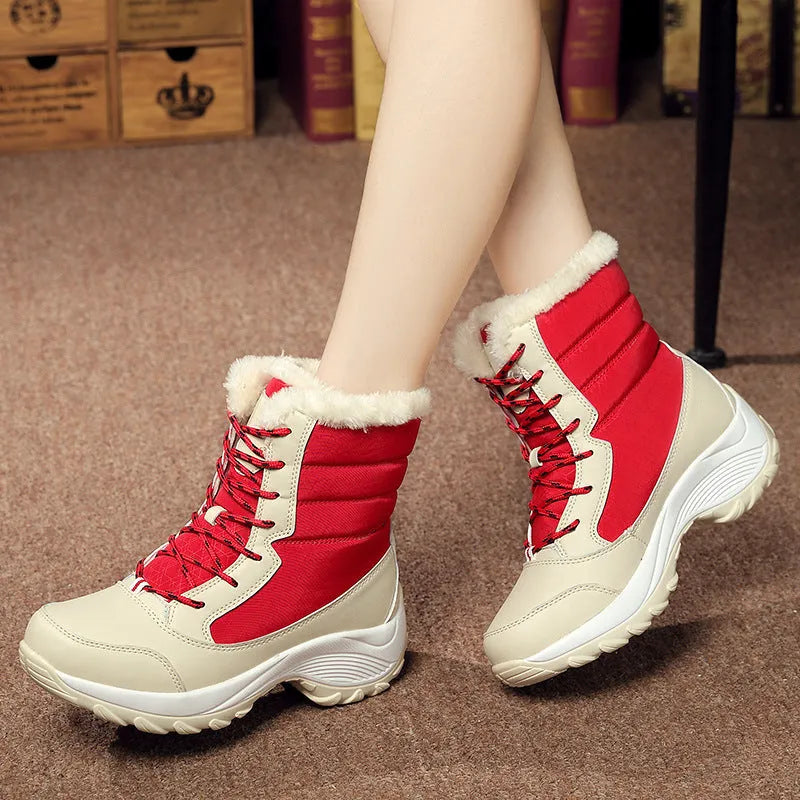 Velvet high-top women's snow boots waterproof umbrella cloth upper round toe wedge heel winter footwear