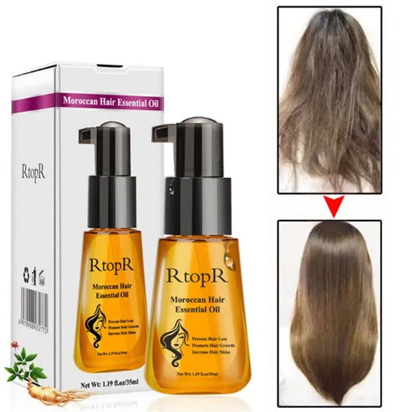 Yellow plastic bottle of 35ml hair care essential oil repair sample on neutral background